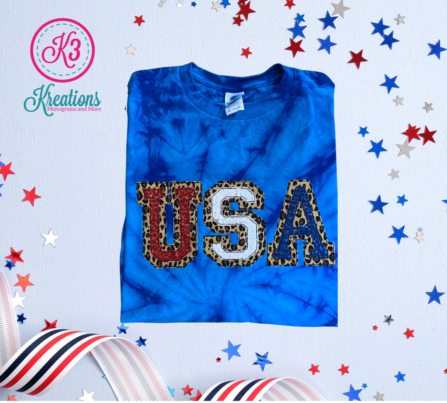 Adult USA Leopard Sequin Applique Tie-Dye Tee