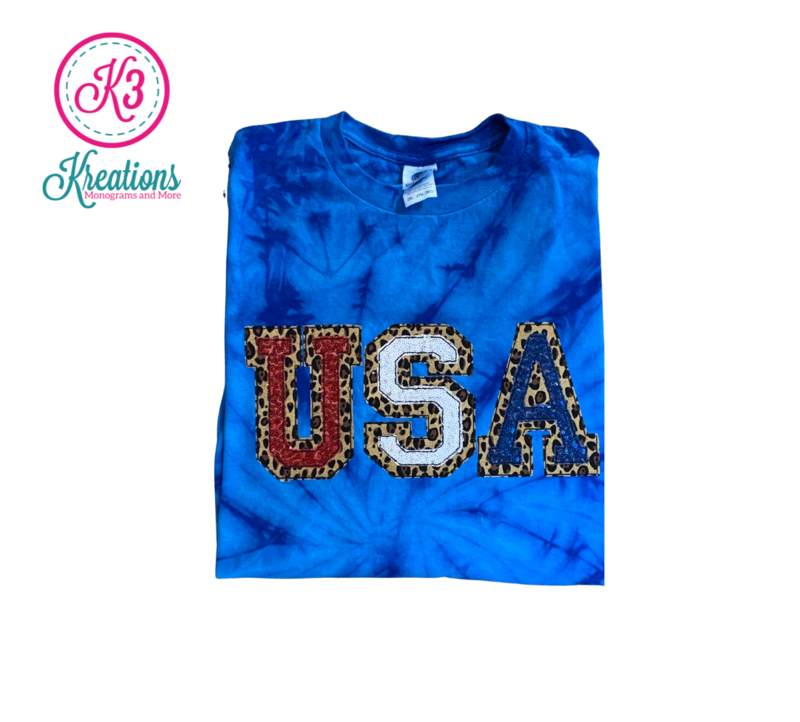 Adult USA Leopard Sequin Applique Tie-Dye Tee