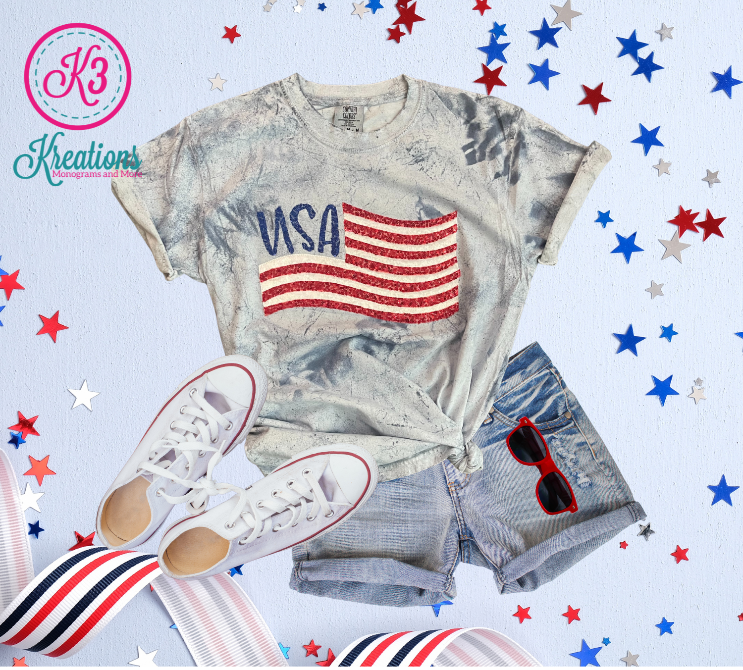 Adult Comfort Colors Colorblast Sequin USA Flag Tee