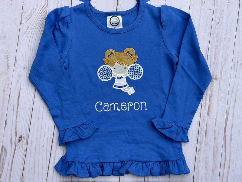 Girls Custom Cheerleader Long Sleeved Royal Blue Ruffle Tee