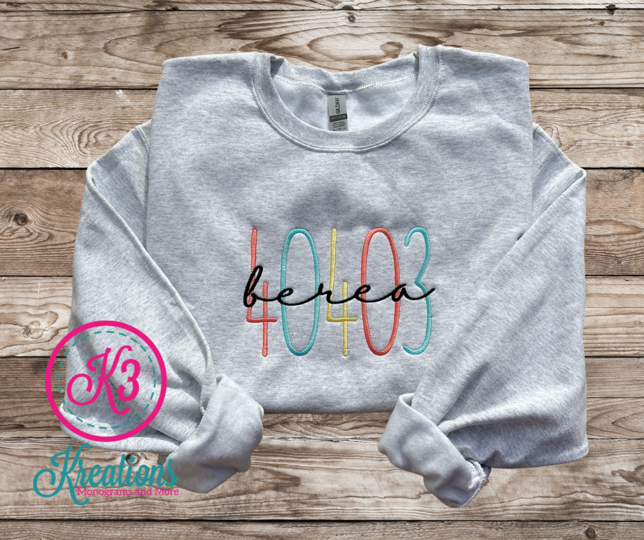 Adult Custom Zip Code Embroidered Crewneck Sweatshirt