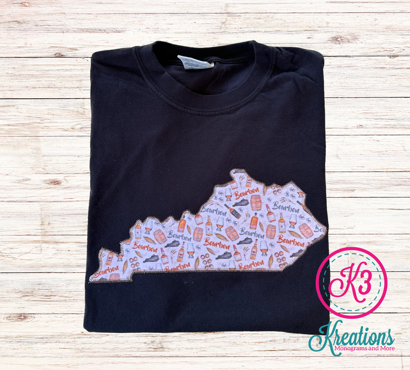 Adult Kentucky State Bourbon Fabric Applique Comfort Colors Short Sleeve Tee