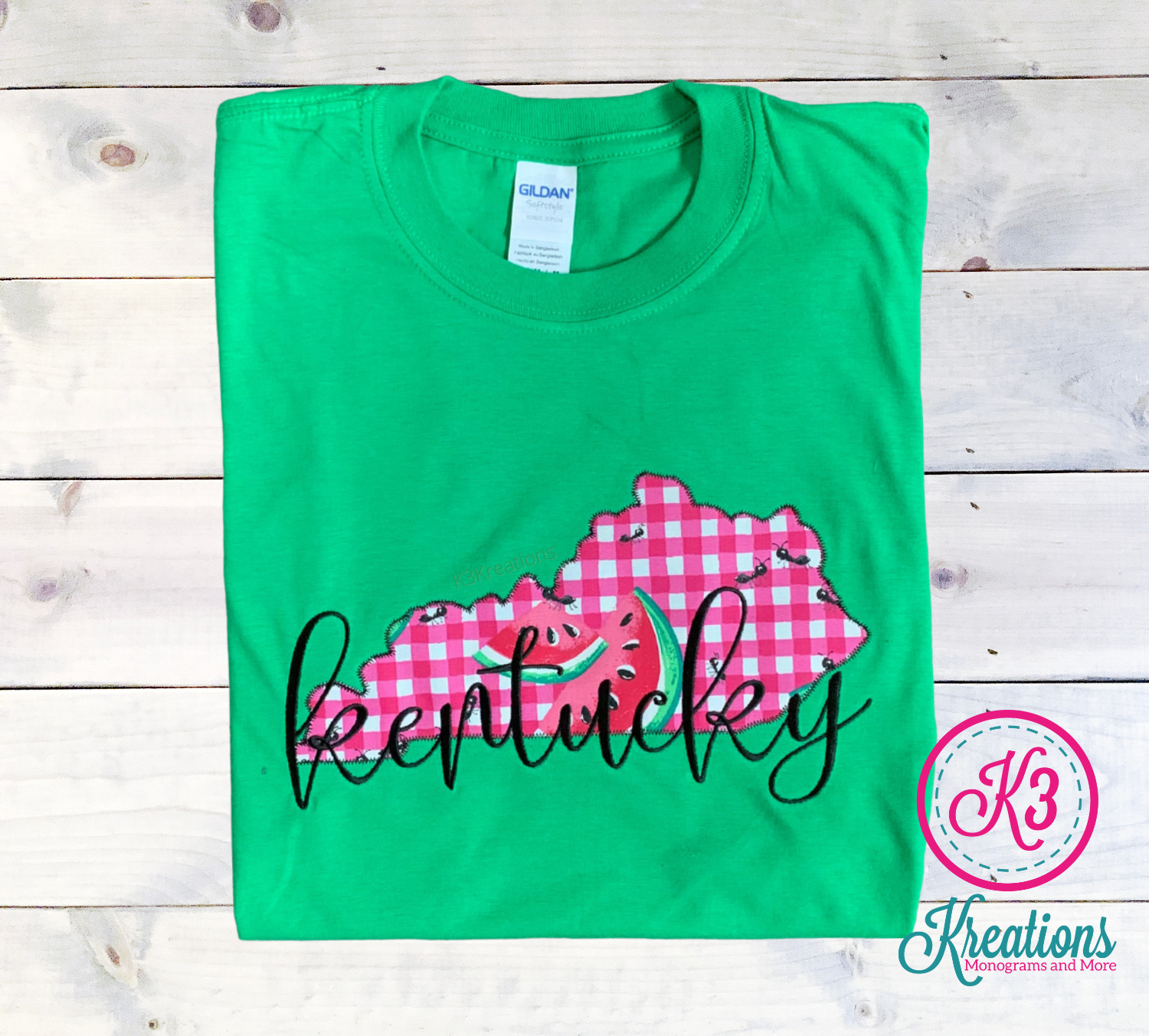 Adult Kentucky State Watermelon Embroidered Softstyle Green Short Sleeve Tee