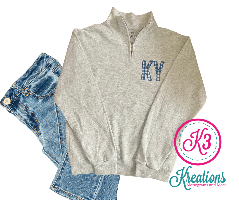 Adult KY Gingham Print Embroidered Quarter Zip Sweatshirt