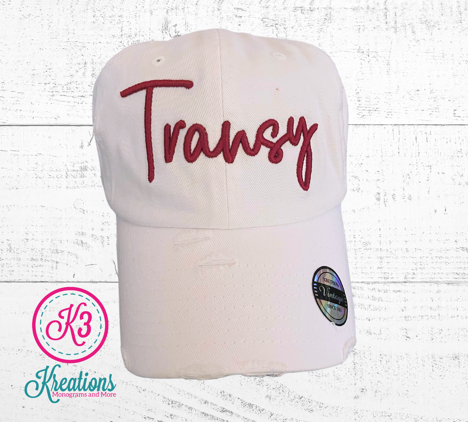 Transy Puff Embroidered Distressed White Cap