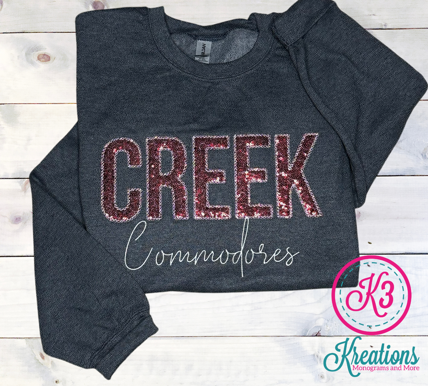 Youth or Adult Sequin Applique Creek Commodores Sweatshirt (TCDT)