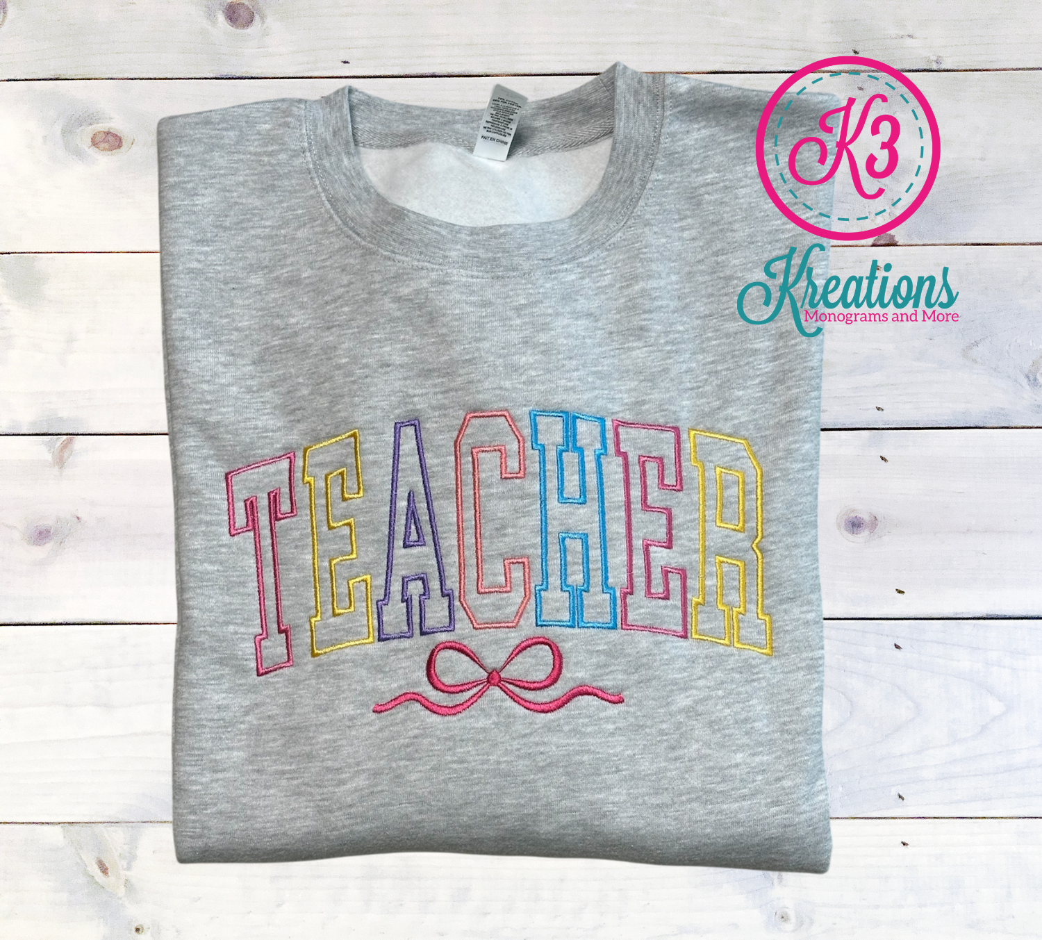 Adult Teacher Bow Embroidered Design Midweight Crewneck Sweatshirt