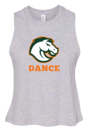 Ladies Bronco Head Dance Bella + Canvas Racerback Cropped Gray Tank (FDDT)