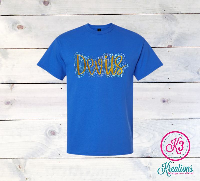 Embroidered Devils with Faux Rhinestone Outline Short or Long Sleeve Tee (HCC)