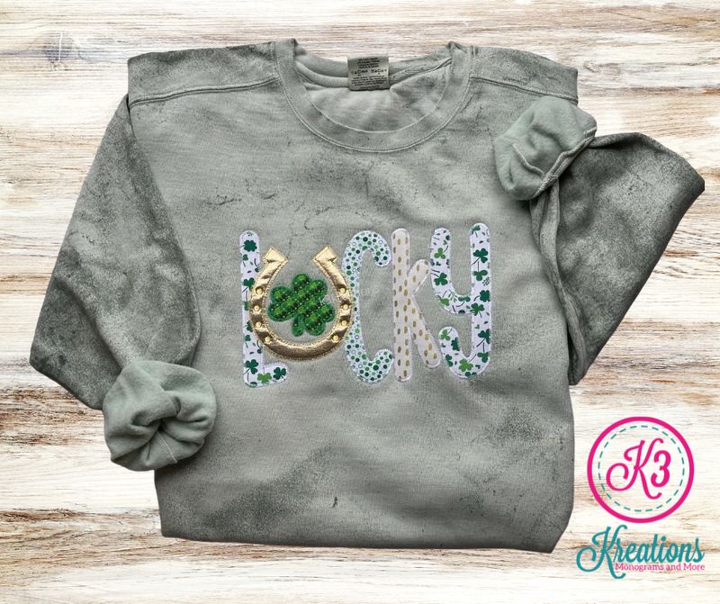 Adult Lucky Applique Comfort Colors Color Blast Crewneck Sweatshirt