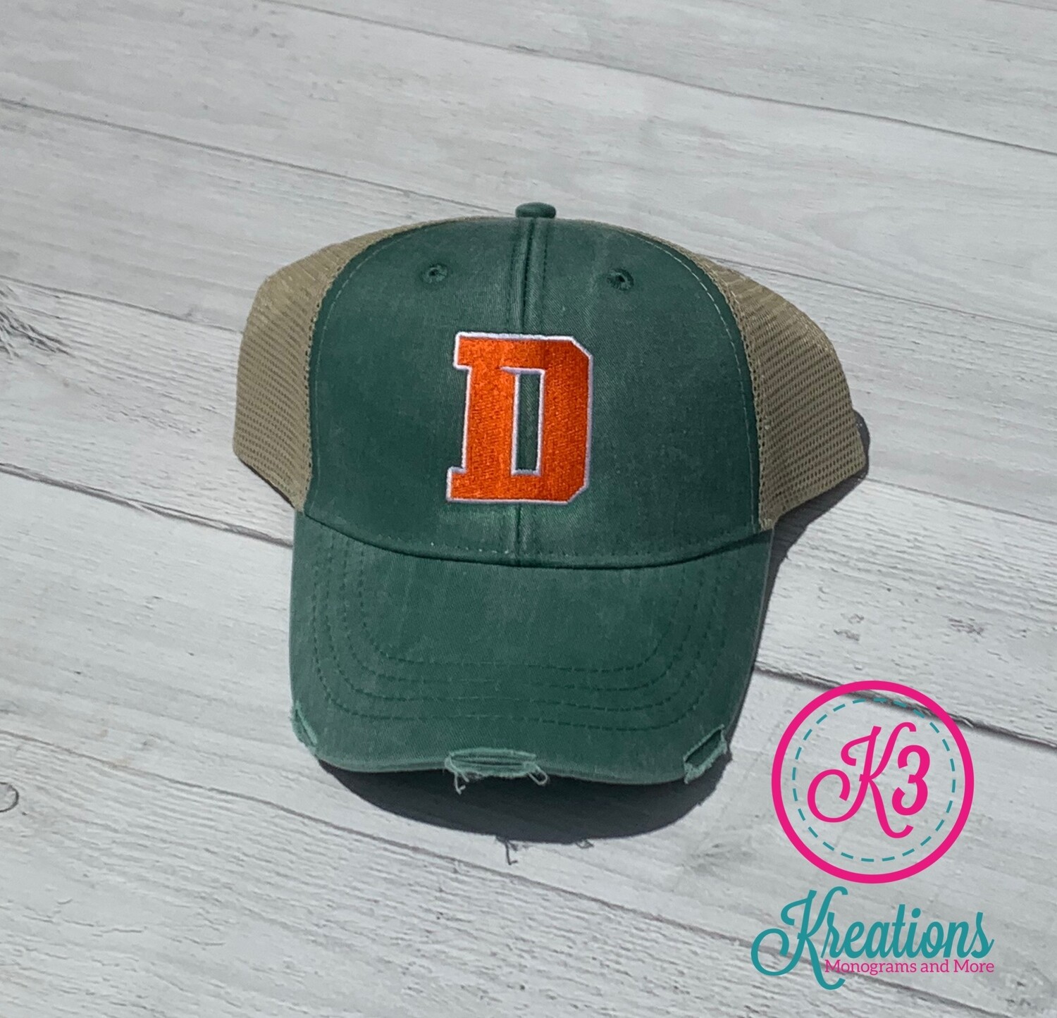 Green Distressed Trucker Hat with Choice of Logo (FDDT)