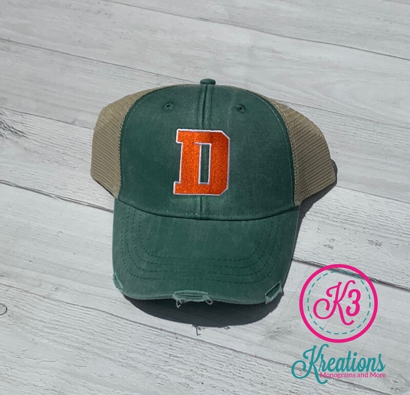 Green Distressed Trucker Hat with Choice of Logo (FDDT)