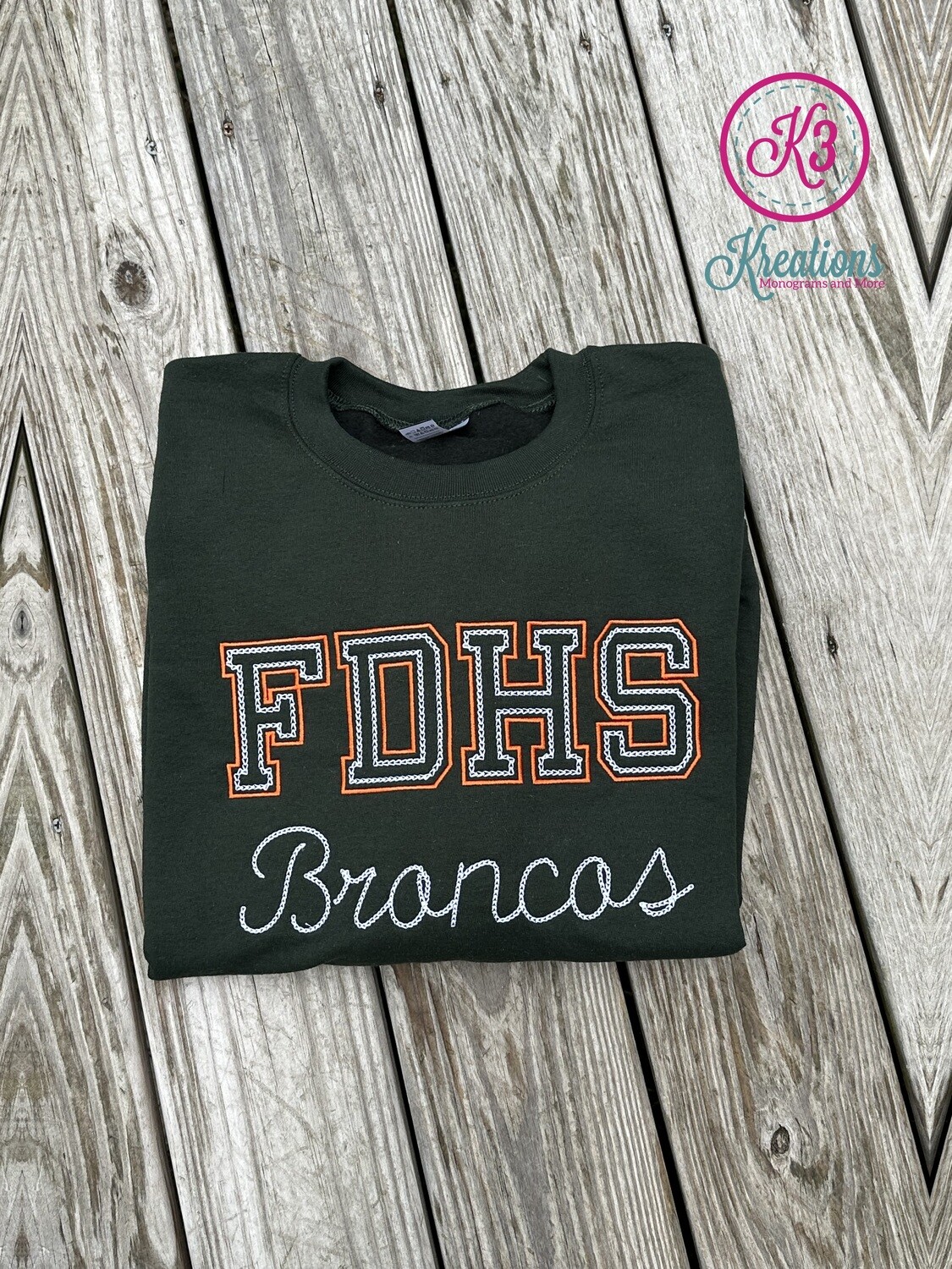 Adult FDHS Broncos Embroidered Gildan Crewneck Sweatshirt