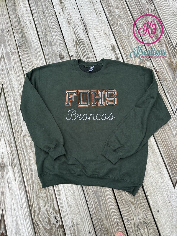 Adult FDHS Broncos Embroidered Gildan Crewneck Sweatshirt