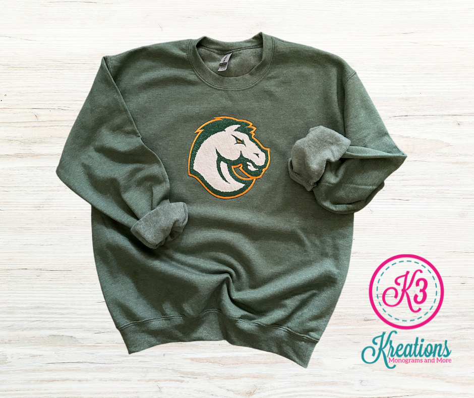 Adult Bronco Chenille Patch Heather Forest Gildan Sweatshirt (FDDB)