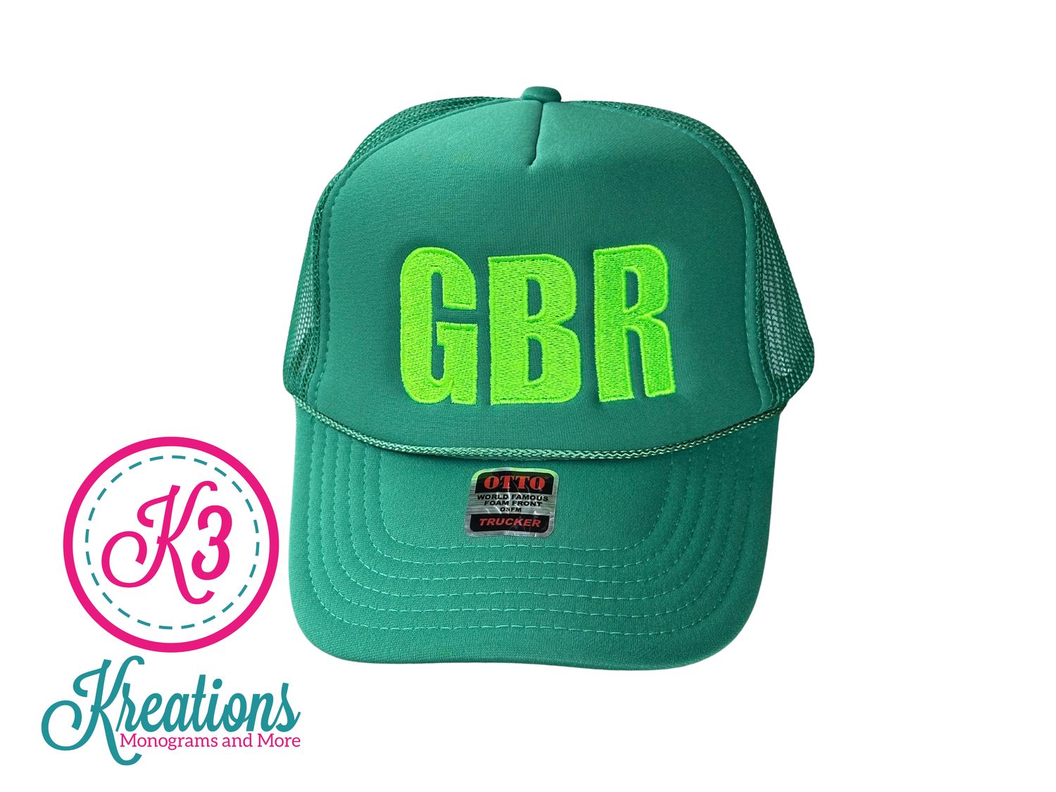 Otto 5 Panel Mid Profile Mesh Back Green Trucker Hat with Choice of Neon Green Greenbrier Logo