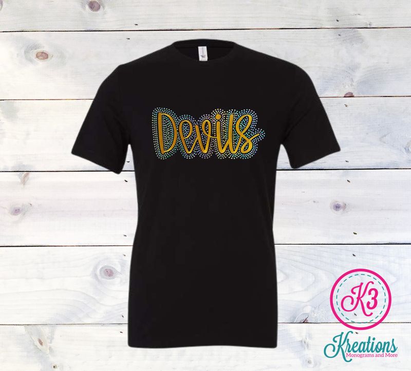 Embroidered Devils with Faux Rhinestone Outline Short or Long Sleeve Tee (HCDT)