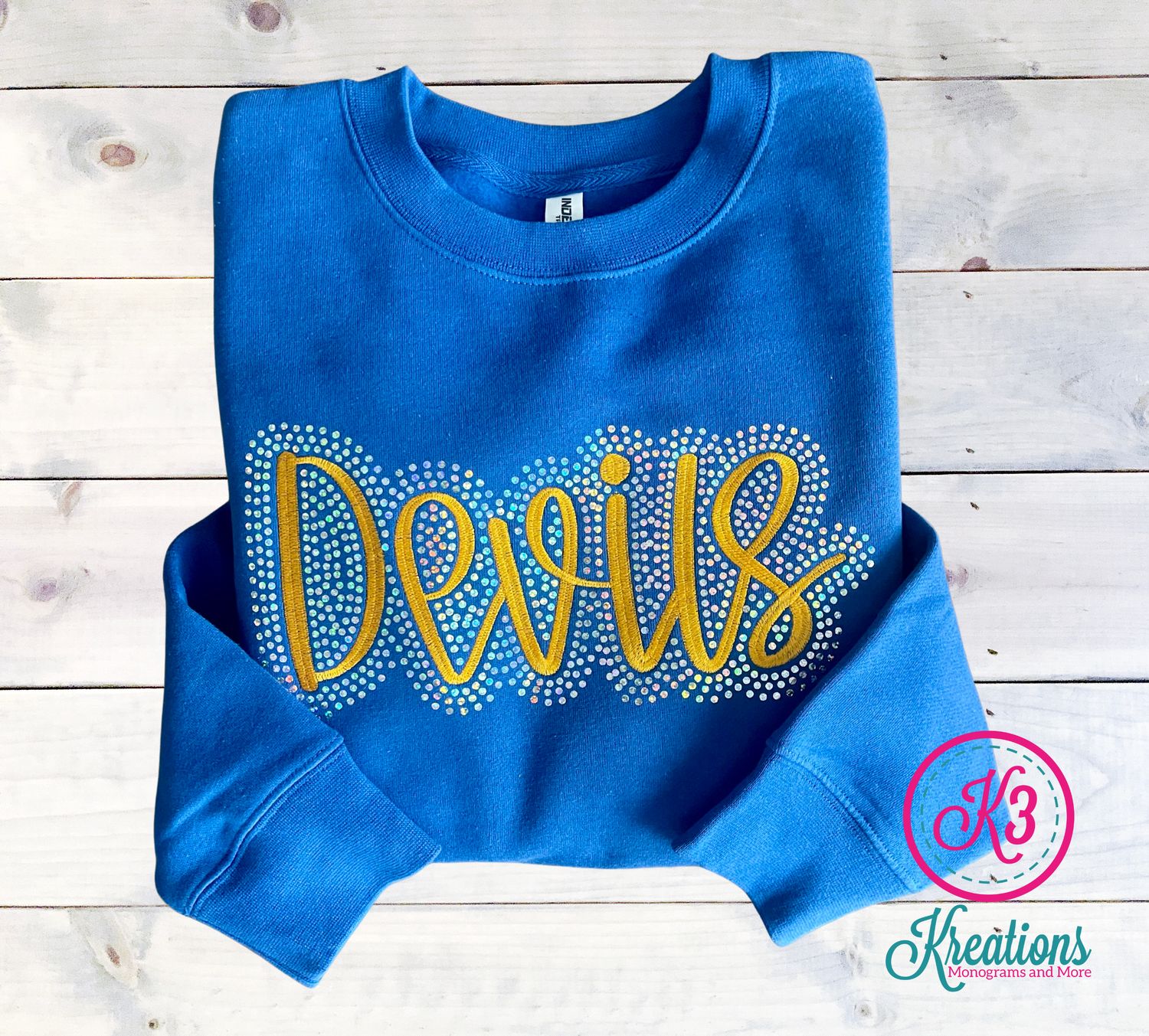 Adult Embroidered Devils with Faux Rhinestone Outline Midweight Pigment-Dyed Crewneck Sweatshirt (HCC)