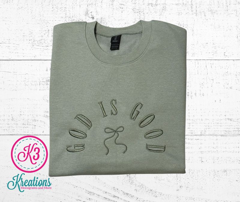 Adult God is Good Bow Embroidered Softstyle Midweight Crewneck Sweatshirt