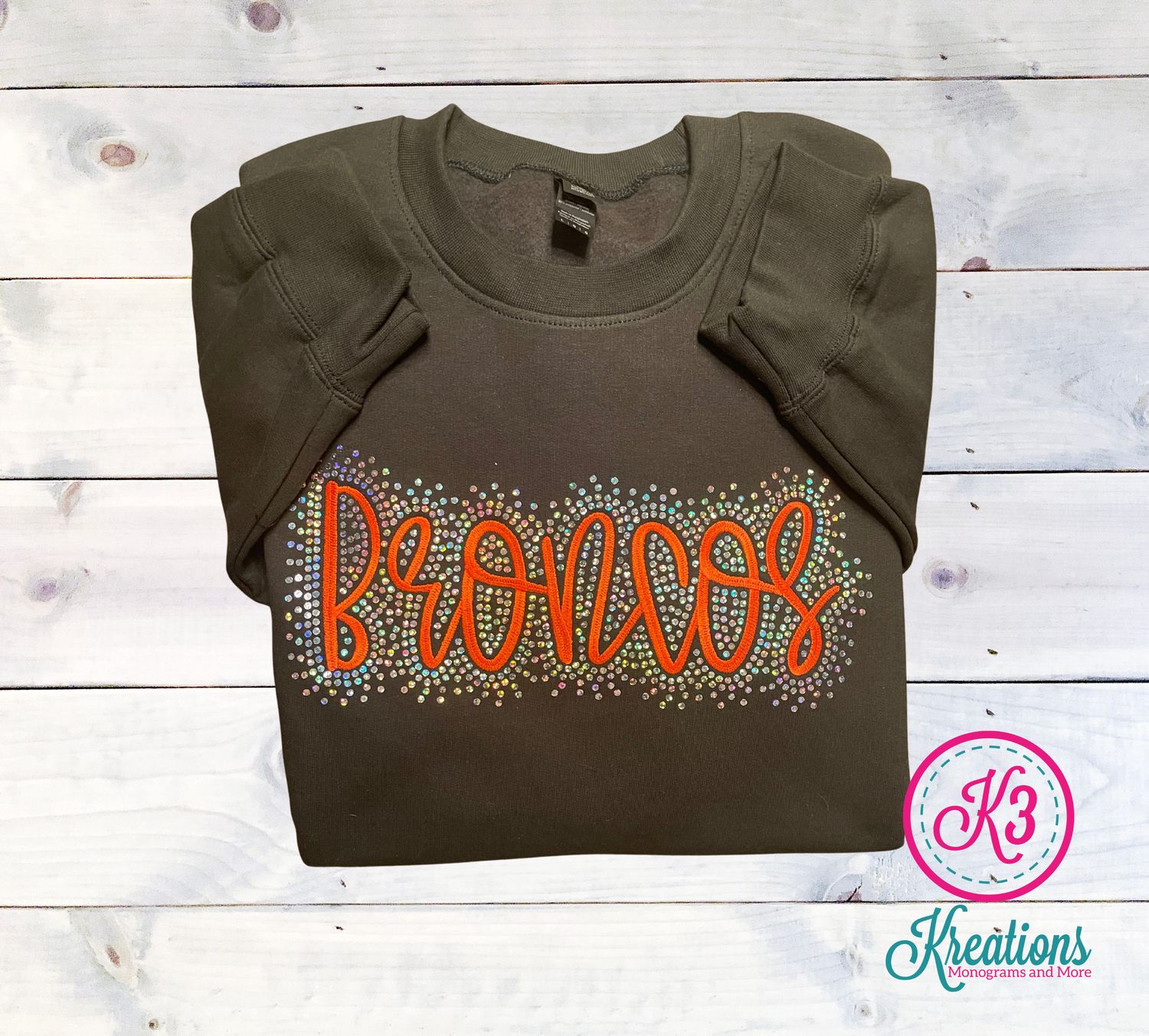Adult Embroidered Broncos with Faux Rhinestone Outline Crewneck Sweatshirt