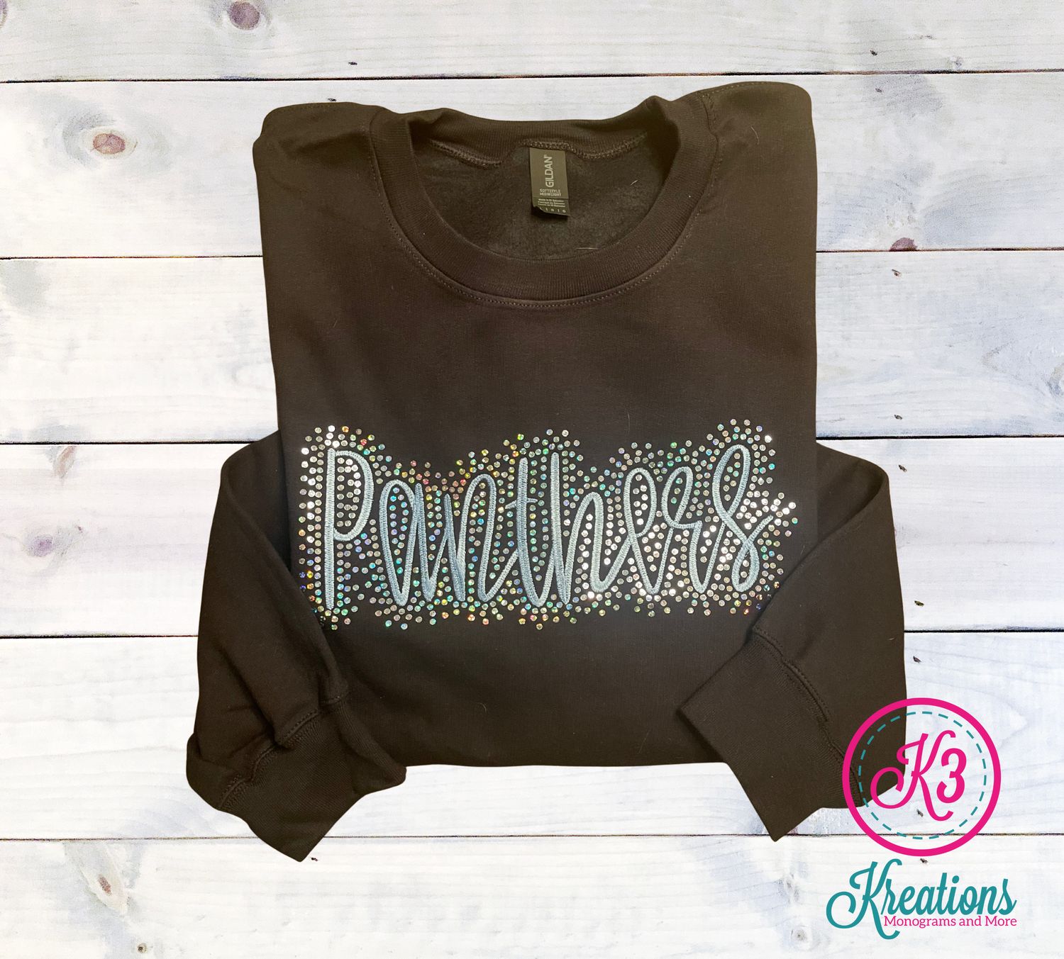 Adult Embroidered Panthers with Faux Rhinestone Outline Crewneck Sweatshirt