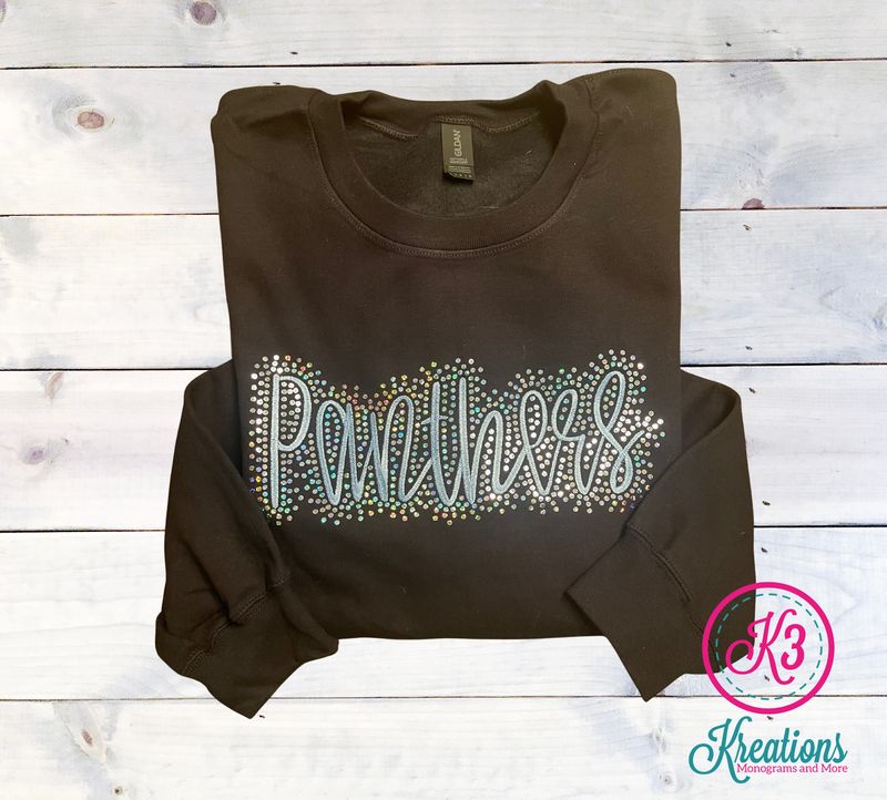 Adult Embroidered Panthers with Faux Rhinestone Outline Crewneck Sweatshirt