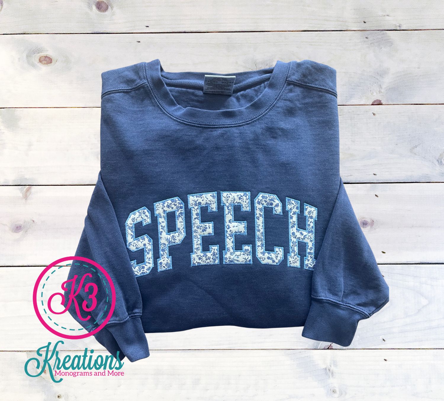 Adult Blue &amp; White Floral Speech Applique Comfort Colors Garment-Dyed Crewneck Sweatshirt