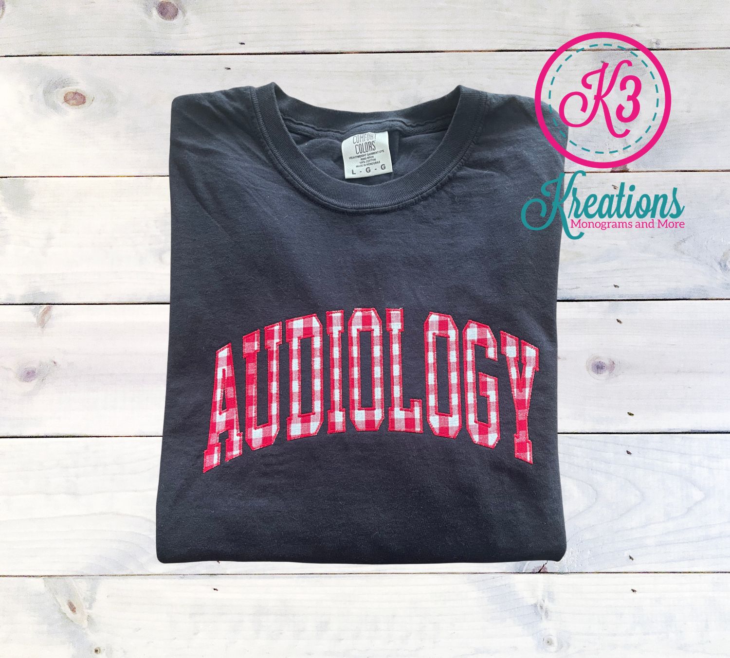 Adult Audiology Gingham Applique Comfort Colors Garment-Dyed Heavyweight Short or Long Sleeve T-Shirt