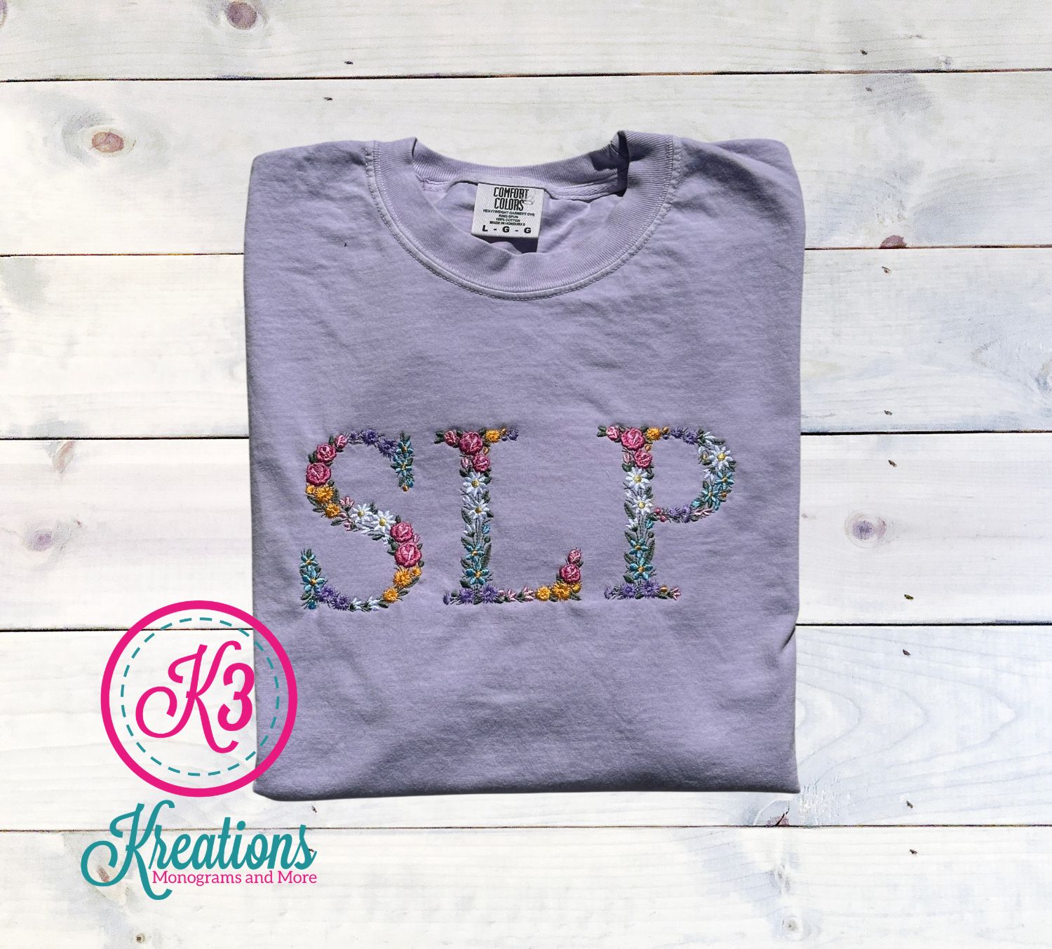 Adult Floral Embroidered SLP Comfort Colors Garment-Dyed Heavyweight Short or Long Sleeve T-Shirt