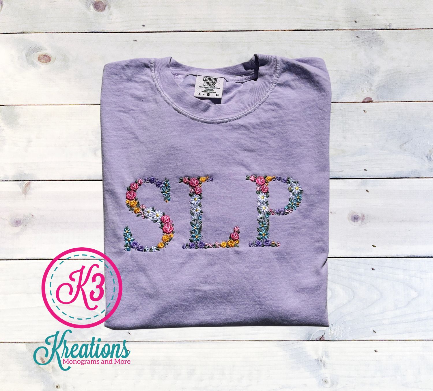 Adult Floral Embroidered SLP Comfort Colors Garment-Dyed Heavyweight Short or Long Sleeve T-Shirt