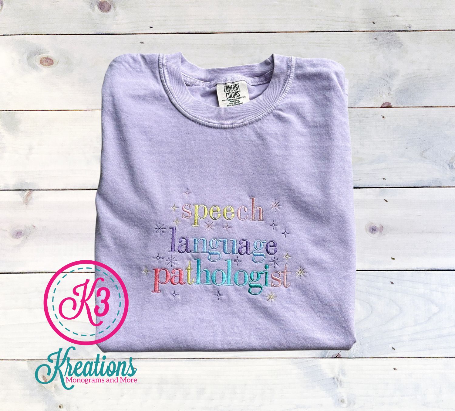 Adult Pastel Speech Language Pathologist Embroidered Comfort Colors Garment-Dyed Heavyweight Short or Long Sleeve T-Shirt