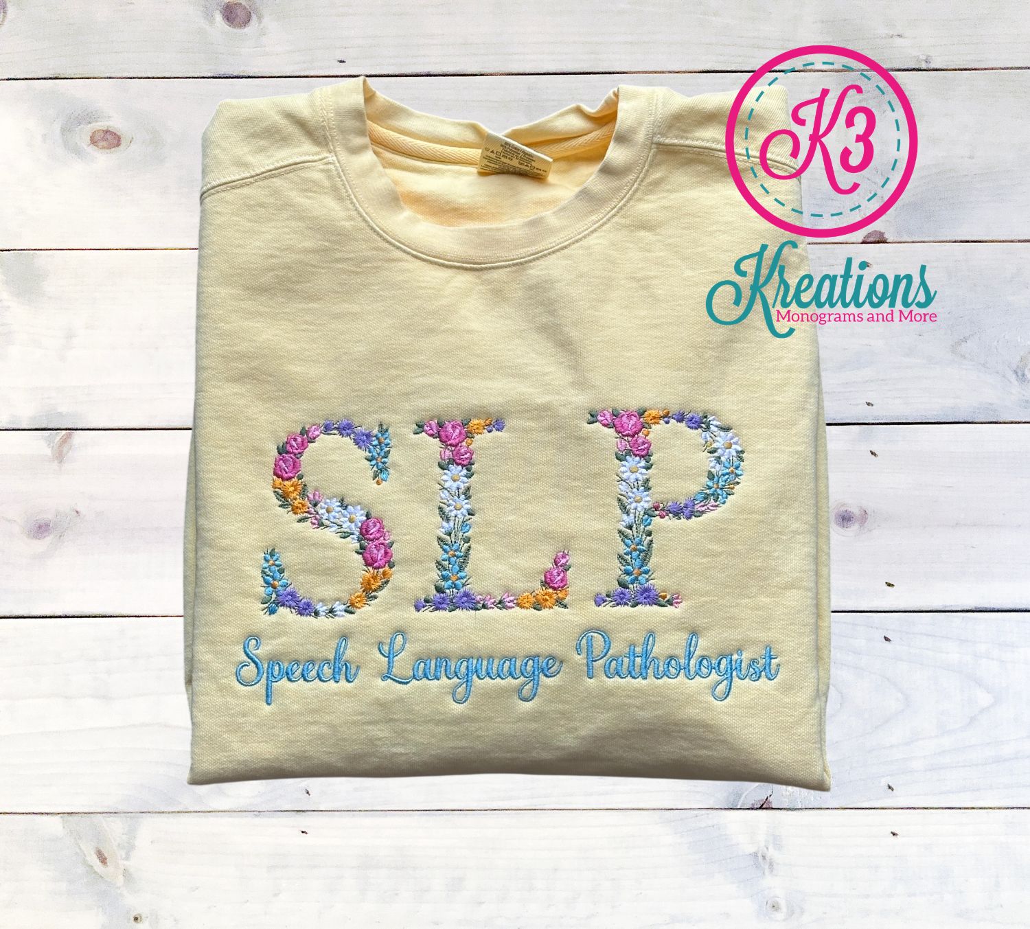 Adult Floral Embroidered SLP Speech Language Pathologist Comfort Colors Garment-Dyed Crewneck Sweatshirt
