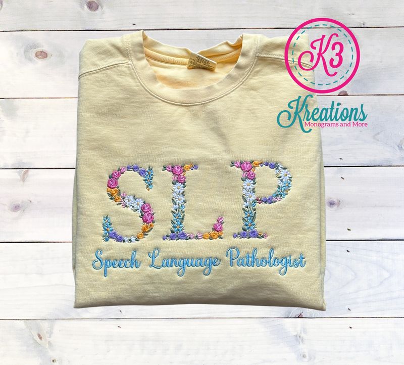 Adult Floral Embroidered SLP Speech Language Pathologist Comfort Colors Garment-Dyed Crewneck Sweatshirt