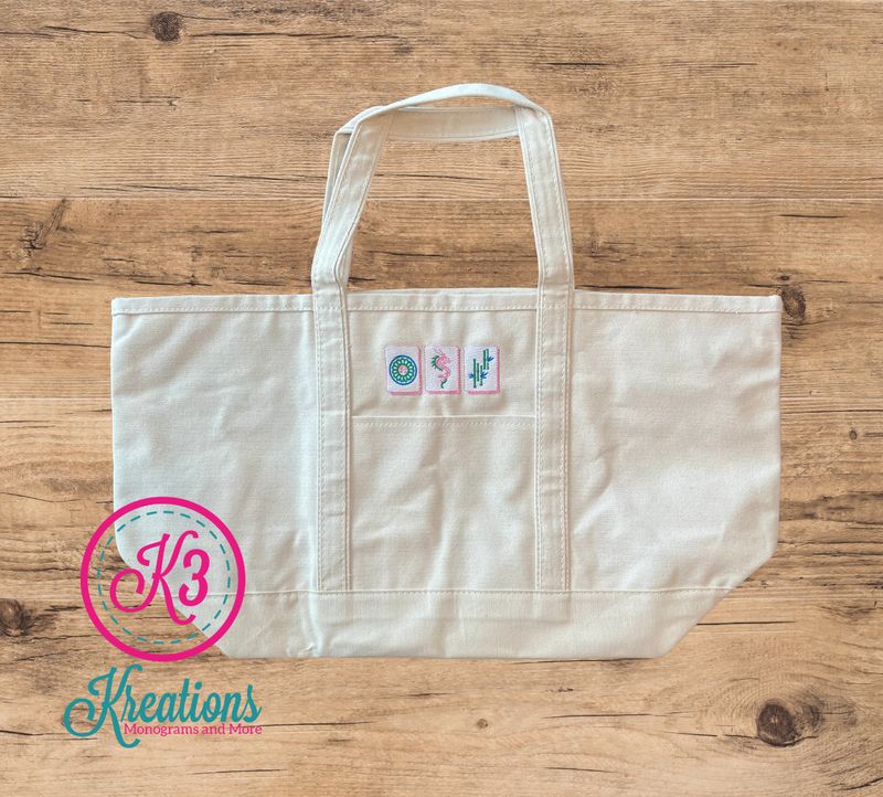 Large Classic Tote Bag with Embroidered Mahjong Tiles