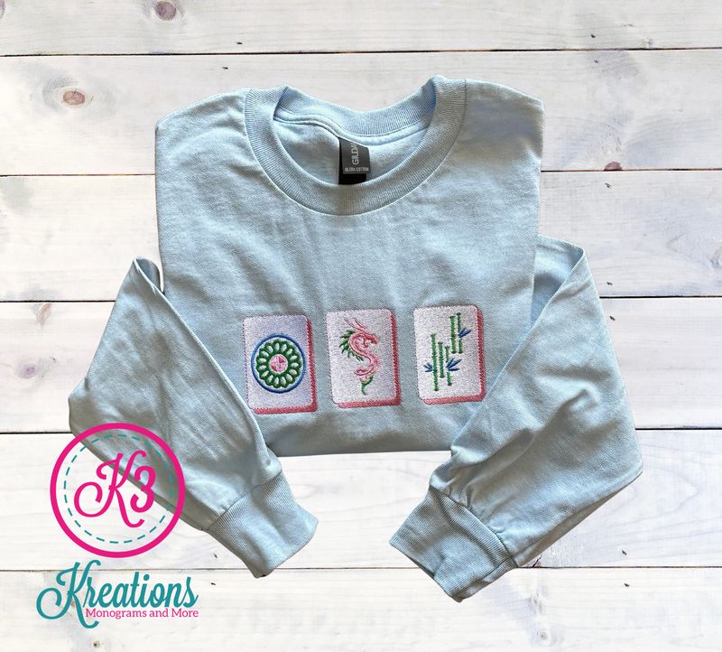 Adult Mahjong Tiles Embroidered Long Sleeve Tee