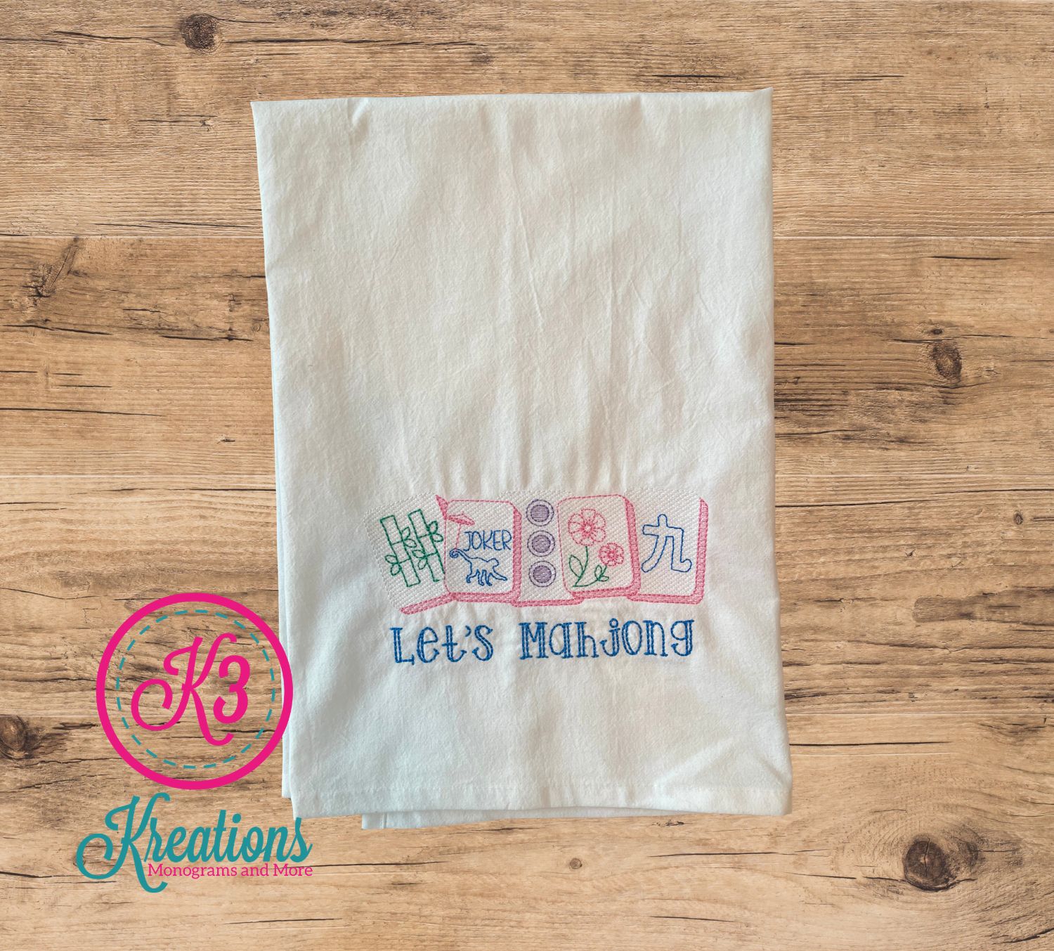 Let's Mahjong Tile Embroidered Flour Sack Towel