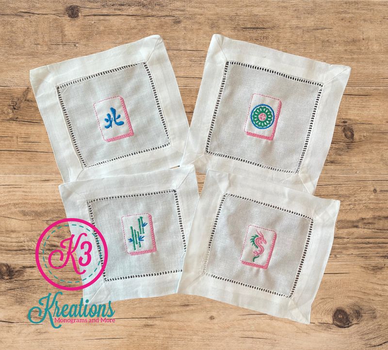 Mahjong Tile Embroidered Cocktail Napkin Set