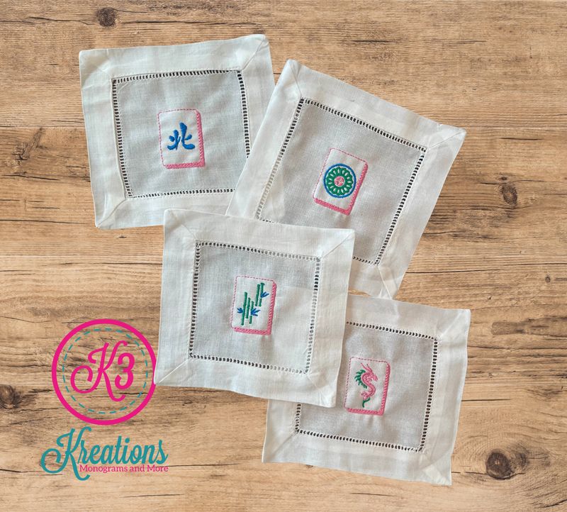 Mahjong Tile Embroidered Cocktail Napkin Set