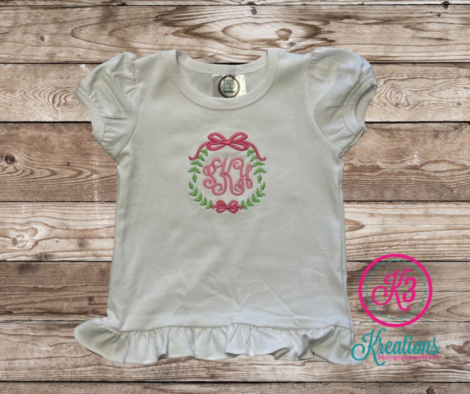 Girl's Monogram with Bow Short Sleeve Ruffle Tee