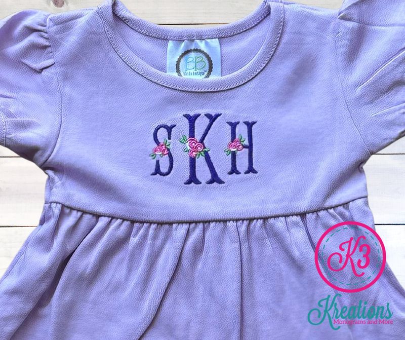 Girl's Monogram Rose Short Sleeve Empire Waist Ruffle Dress