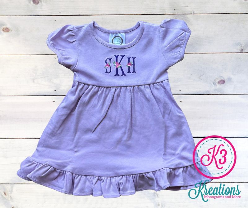 Girl's Monogram Rose Short Sleeve Empire Waist Ruffle Dress