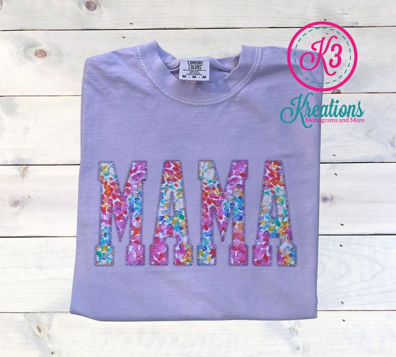 Adult Floral Applique MAMA Comfort Colors Garment-Dyed Heavyweight Short or Long Sleeve T-Shirt