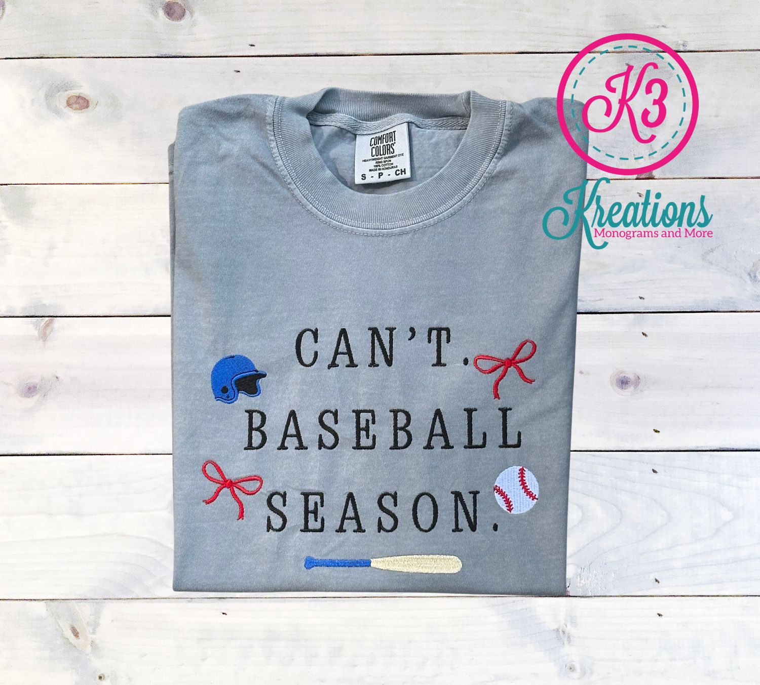 Adult Can't Baseball Season Embroidered Comfort Colors Short Sleeve Tee