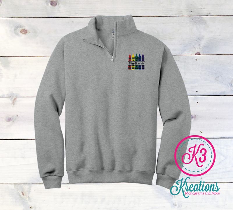Adult Crayon Custom Teacher Name Embroidered JERZEES NuBlend 1/4 Zip Sweatshirt