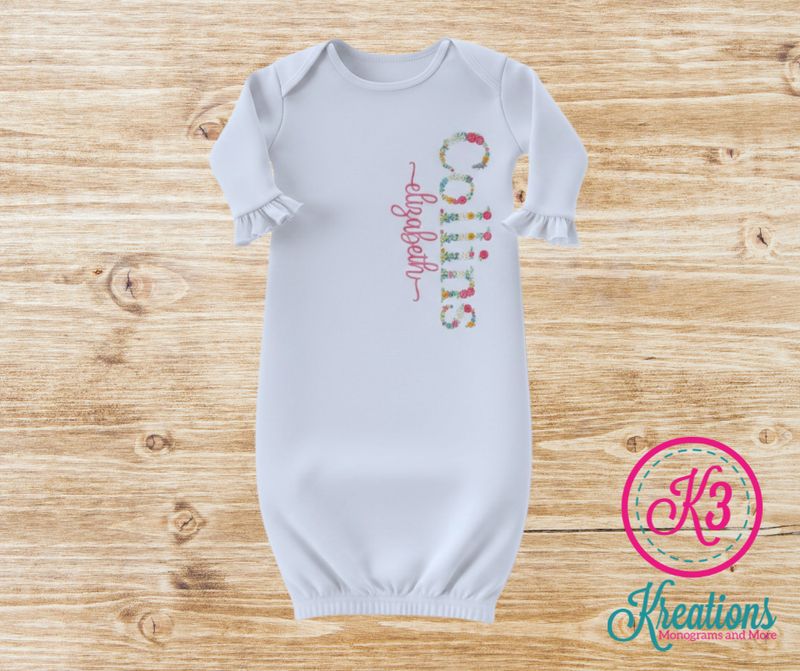 Baby Girl White Gown with Personalized Floral Embroidery