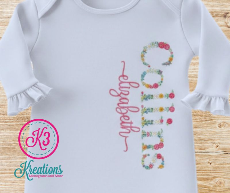 Baby Girl White Gown with Personalized Floral Embroidery