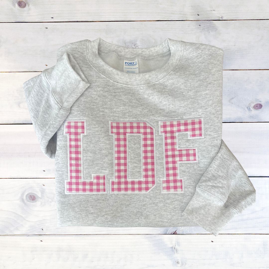 Youth or Adult LDF Pink and White Gingham Applique Crewneck Sweatshirt (LDF)