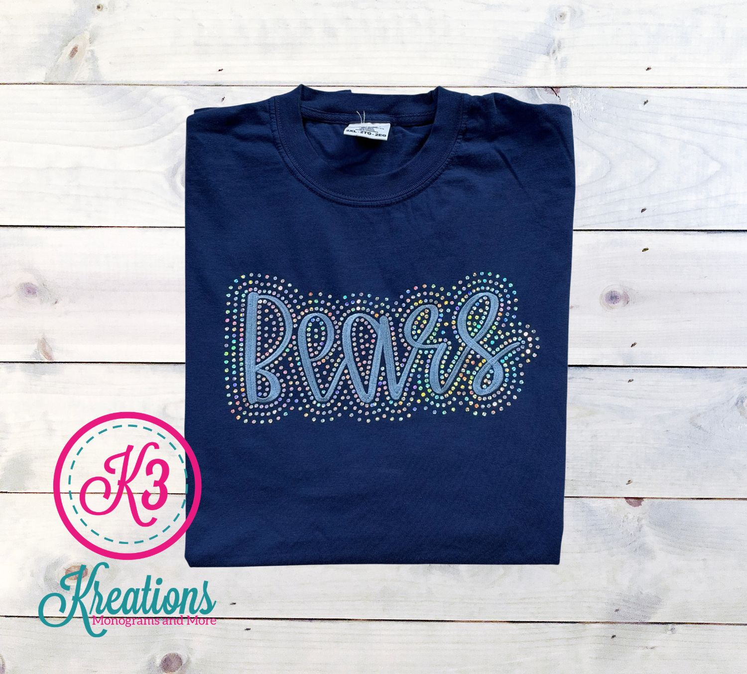 Youth or Adult Embroidered Bears with Faux Rhinestone Outline Comfort Colors Garment-Dyed Heavyweight T-Shirt