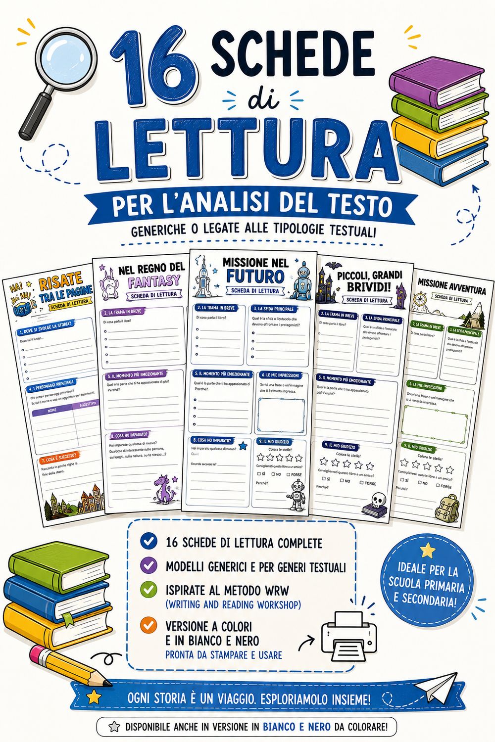 16 Schede di Lettura per l'Analisi del Testo | Modelli WRW per la Scuola Primaria | Versione a colori e in bianco e nero