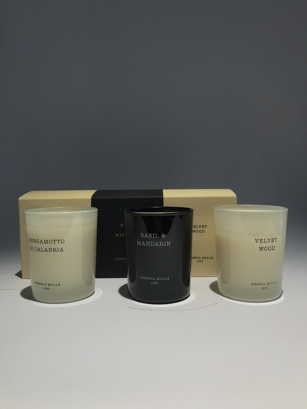Duftkerze Geschenksets Bergamotto di Calabria-Basil&Mandarin-Velvet Wood Von Cereria Molla